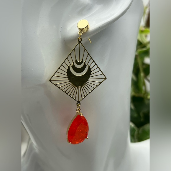 Delicate Statement Gold & Orange Dangle Earrings - Long Trendy Stylish Earrings - Picture 6 of 17